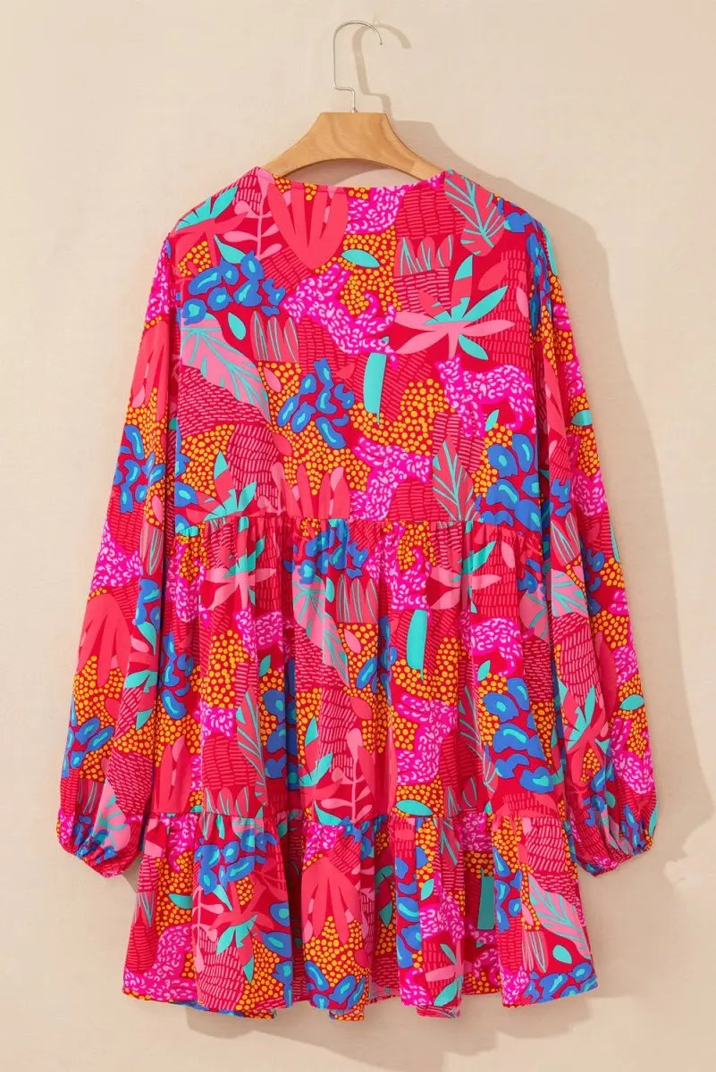 Rose Tropical Printed Lantern Sleeve V Neck Ruffled Plus Size Mini Dress - Love Salve